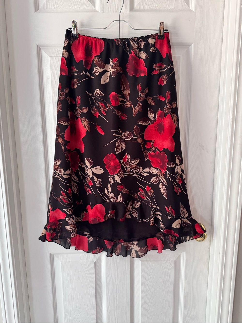 Black Midi Skirt with Red Floral Print